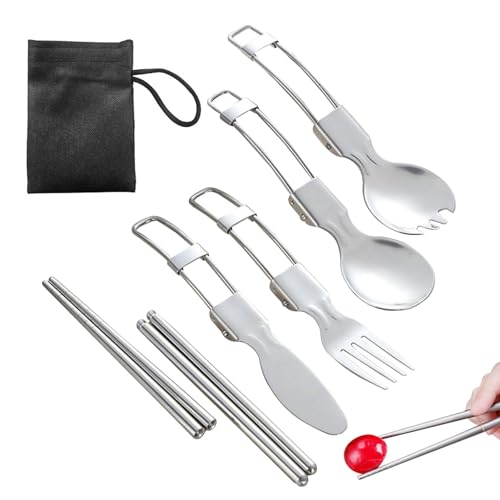 Set di posate da campeggio in acciaio inox, posate in acciaio inox, riutilizzabili, multifunzionali, per pesca, picnic, viaggi all'aperto