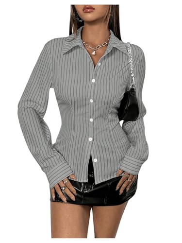 GORGLITTER Women's Striped Button Down Collared Blouses Long Sleeve Slim Fit Casual Shirts Dark Grey Large