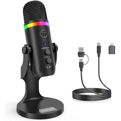 ZealSound USB Microphone,Noise Cancellation Condenser mic with Touch Mute,Gain,Echo,Monitoring,RGB Light for iPhone,iPad,Streaming,Podcast,Twitch,YouTube,Discord,PC,Computer,PS4,PS5,Mac,GamerWave K66 Cover