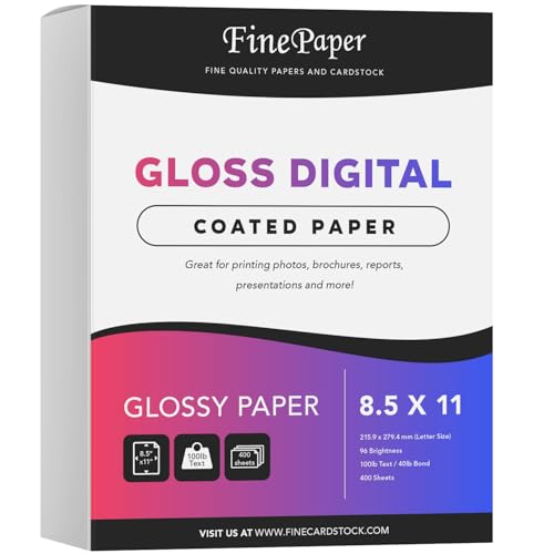8.5x11 Gloss Digital Paper, Perfect for Color Laser Printing, Design Proposals, Flyers, Brochure, 8.5 x 11” Letter Size, 100lb Text (40lb Bond) 96 Bright, Acid Free, Glossy Coated Finish | 400 Sheets