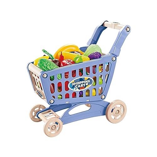 DuskHaven Jouet de Charrette à Bras de, Ensemble de Jeu de Chariot, Grande Capacité 18,50 '' Enfants Panier D'épicerie Jouet pour Accessoire de Cuis, Bleu