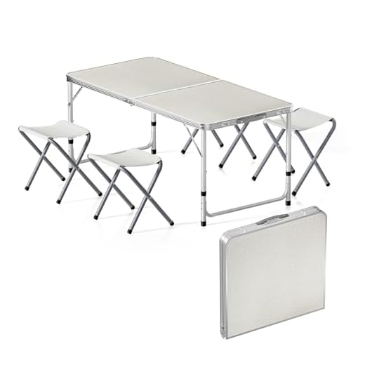 WilTec Kit Table de Camping Pliante, 1200 x 600 x 545 mm, avec 4 assises tabourets, Table Portable Blanche MDF/alu, réglable en Hauteur 54/61/70 cm, extérieur, BBQ, fêtes, Barbecue, Pique-Nique