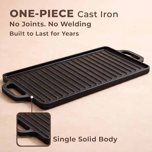 Image of Homero Cast Iron Tawa 50x23 cm - Reversible Grill Pan Cast Iron, Double Sided Grill & Flat Tawa | Pre-Seasoned Heavy Duty Barbeque Pan for Gas, BBQ & Campfire