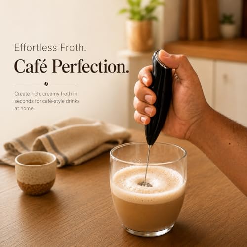 Image of AXEON Electric Milk Frother with Stand | Handheld Milk Frother for Coffee, Lattes, Milk, Hot Chocolates & Cream | Battery Operated Milk Foam Maker | Stainless Steel Whisk