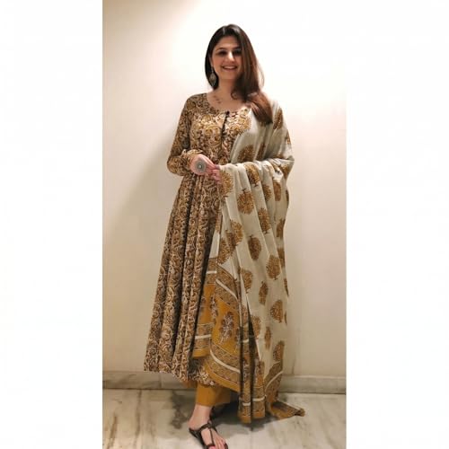 Image of Nermosa Women Printed Anarkali Kurta and Pant Set with Dupatta | Printed Kurta Set | Cotton Suit | Women Kurta Sets |