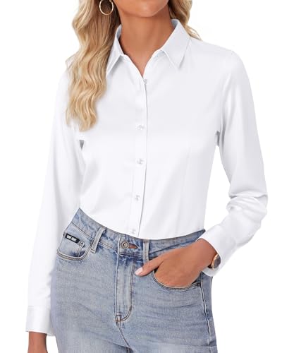 siliteelon Damen Bluse Bügelfrei Weiß Regular fit Oberhemden Frauen Unifarben Weiss Stretch Freizeithemden Businesshemd Anzug Hemd Hochzeit,L