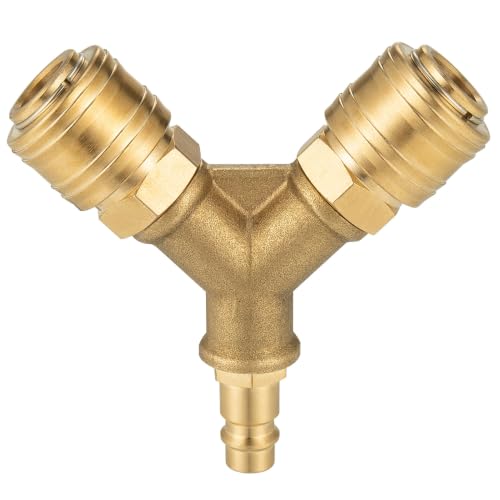 Druckluftverteiler Druckluftweiche 2-fach mit 2 Kupplungen NW 7.2 1/4 AG Luftschlauch Schnellkuppler Verteiler Druckluftweiche mit Außengewinde Messing Druckluft Verteiler Steckanschluss