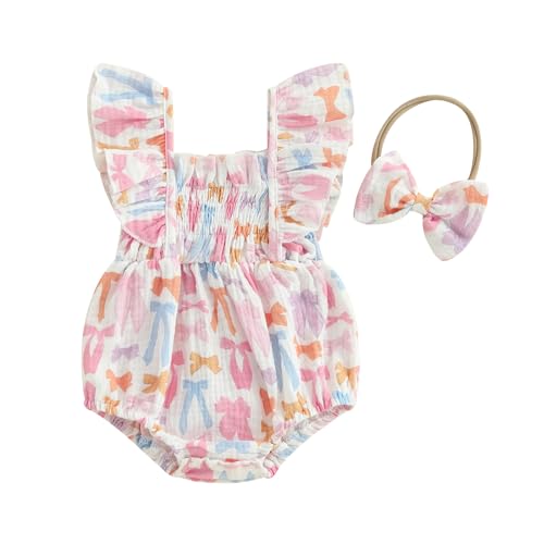 Image of Baby Girl Ruffle Bubble Romper Smocked Flutter Sleeve Bodysuit with Bow Infant Summer Clothes (Colorful&Bow,6-12 Months)