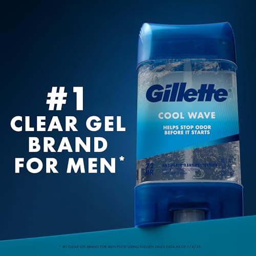 Image of Gillette Antiperspirant and Deodorant for Men, 72hr Clinical Strength Sweat & Odor Protection, Long Lasting Freshness, Anti-White Mark Technology, Clear Gel, Cool Wave Scent, 3.8 oz (Pack of 4)