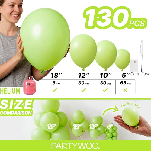 Image of PartyWoo Lime Green Balloons 130pcs Different Sizes of 18 12 10 5 Inch Light Green Latex Balloon Arch Kit Garland for Wedding Birthday Dinosaur Jungle Golf Football Theme Party Decorations Green-Y6