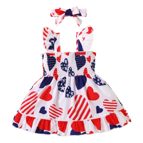 KONFEN Vestido de Bebé Niña   Cuello Cuadrado Conjunto de Vestido de Sin Mangas con Corazón Estrella Rayas + Diademas, Vestido Conjunto de 2 Piezas para Primavera Verano Otoño para Bebe Niña 2 3 Años