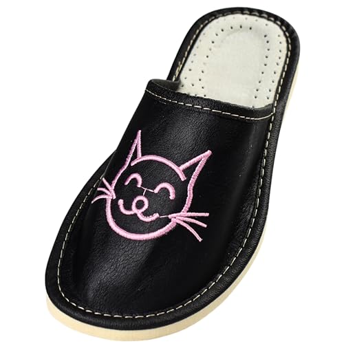 APREGGIO Chaussons Femme Cuir – Pantoufles Fait Main Confortables – Rose Noir 38 EU