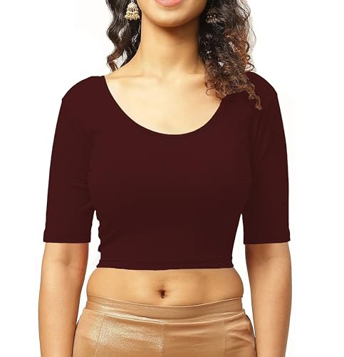 Image of THE BLAZZE 1303 Women's Cotton Scoop Neck Backless Elbow Sleeve Crop Top Readymade Saree Blouse for Women's