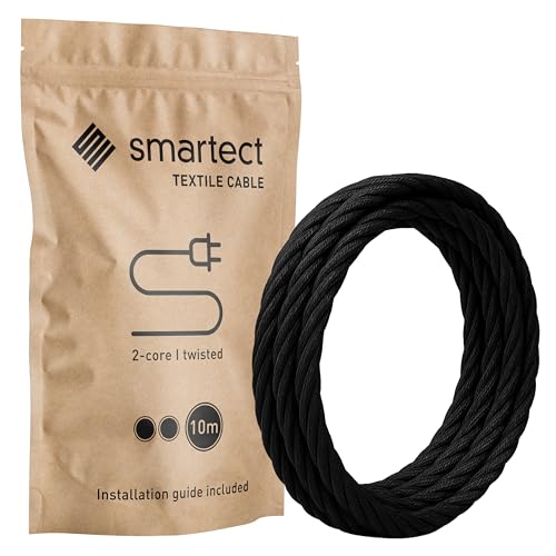 smartect Textilkabel Schwarz 10 Meter Vintage Lampenkabel Stoff Gedreht 2-Adrig (2 x 0.75 mm) Stromkabel Textilummantelt für eigenes DIY Projekt