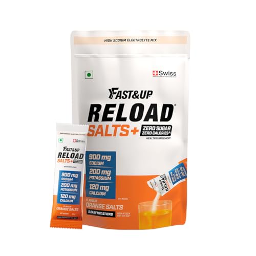 Image of Fast&Up Reload Salts | High Sodium Electrolyte Drink Mix | 900mg Sodium | Zero Sugar, Zero Calories| 5 Electrolytes - Potassium, Magnesium, Calcium & Chloride | Instant Hydration | Vegan, No Preservatives | (5 Sachets, Orange)