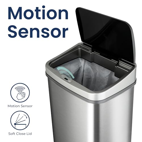 Image of Ninestars Stainless Steel Dzt-50-28Br Automatic Touchless Motion Sensor Oval Trash Can, Black Top, 13 Gal. 50 L, Brush