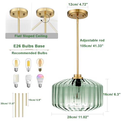 Image of 2 Pack Mid Century Gold Pendant Light Fixtures Adjustable Ceiling Hanging Light Mint Green Glass Chandelier for Hallway Porch Kitchen Bedroom Coffee Shop Dining Room