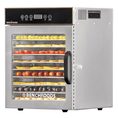 BenchFoods 10-Tray Commercial Food Dehydrator for Jerky, Spices & Snacks | Small & Compact Stainless Steel Dehydrator with Precise Temperature and Time Adjustment | Trays, Mats & Recipes Included