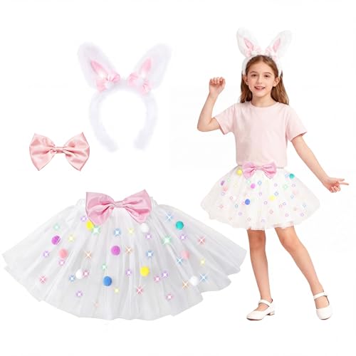 PinkSheep Girls Bunny Costume Set Led Light Up Girls Tutu Skirt With Bunny Ears Headband Bow Tie Accessories Kids School Party Outfit Animal Costumes Halloween Dress Up Cosplay Birthday Gifts