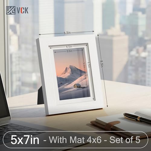 Image of VCK 5x7 Picture Frame 5 Pack, White Wood, 4x6 Mat, Glass, for Photo Print