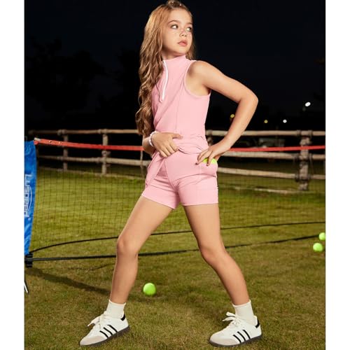 Image of Perfashion Girls Tennis Dress 1 /4 Zip Golf Outfit Built-in Bra & Shorts Pickleball Athletic Dress Workout Pockets 4-13Y