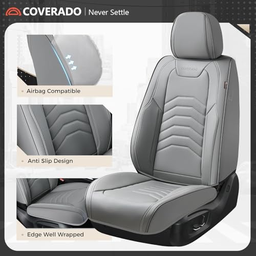 Image of Coverado Car Seat Covers, Gray Front Seat Covers, 2 Pack Luxury Faux Leather Seat Covers for Cars, Waterproof Car Seat Protector Car Seat Cushion, Universal Automotive Seat Covers Fit for Most Cars