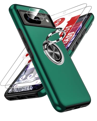 LeYi for Google Pixel 8 Case: and 2 Tempered Glass Screen Protector &2 Camera Lens Protector with 360 Ring Holder Stand Magnetic Shockproof Heavy Duty Protective Phone Cover for Google Pixel 8 Green