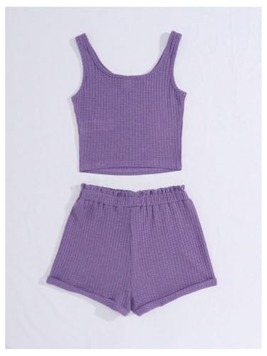 Image of RoseSeek Girl's 2 Piece Outfits Waffle Knit Scoop Neck Button Down Crop Tank Tops Paperbag Waist Track Shorts