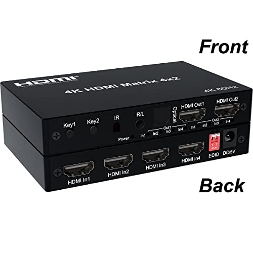 Image of Tobo 4K 60Hz HDMI Matrix Switcher 4x2 2x4 HDMI Switcher Splitter 4 in 2 Out with Optical + 3.5mm Audio Out Extractor with IR Remote TD-939H