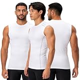 DEVOPS 3 Pack Men's Compression Shirts Sleeveless Workout Tank Top Baselayer for Gym Training, Running, Moisture Wicking (Large, White/White/White)