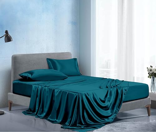Image of Soft and Silk Satin Bedsheet for Single Bed - 400 TC Romantic Bedsheet Set for Bedroom | Bridal Wedding Bedsheet with Pillow Cover | Ideal for Gifting Teal, Single Bed