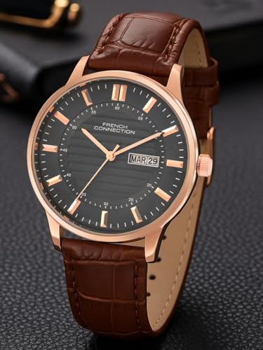 Image of French Connection Textured Grey Round Dial with Brown Leather Strap Watch - for Mens FCN0123BRL