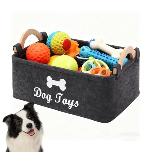 Cestino Portagiochi per Cani, Grande Cesto in Feltro Pieghevole con Manico in Legno per Giocattoli e Accessori, Contenitore 38x25x18cm, Scatola Organizer Grigia per Coperte, Snacks e Cucce
