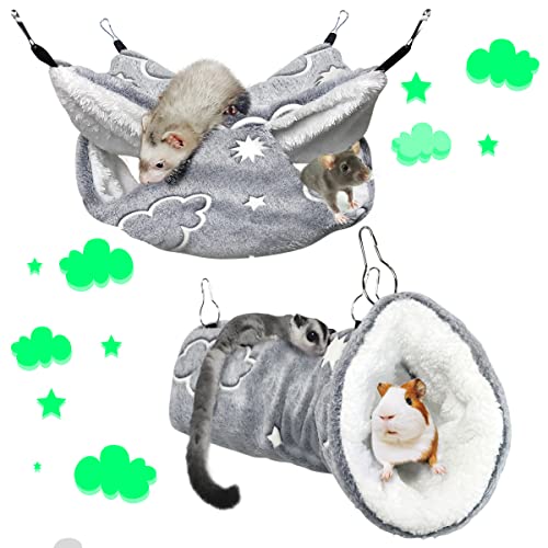 Noctilucent Luminous Guinea Pig Rat Hammock Bunkbed Hanging Tunnel and Soft Bed Mat for Ferret Hedgehog Squirrel Hideout Cage Accessories (1.Tunnel and Bunkbed Hammock)