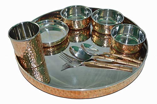 TreegoArt Juego de vajilla de acero de cobre Thali, cuencos, plato halwa, cuchara, tenedor, cristal, estilo tradicional, 9 piezas, diámetro de Thali 33 cm TreegoArt Juego de vajilla de acero de cobre Thali, cuencos, plato halwa, cuchara, tenedor, cristal, estilo tradicional, 9 piezas, diámetro de Thali 33 cm
