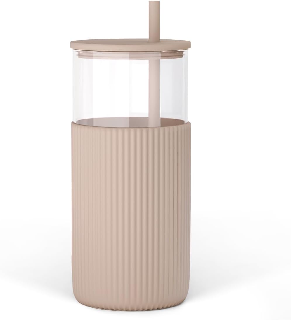 SANDJEST Glass Tumbler with Straw and Lid, Glass Water Bottle with Silicone Sleeve 20oz, Smoothie, Iced Coffee Cup, Gifts for Women Teen Girls Birthday Christmas (Light Brown)