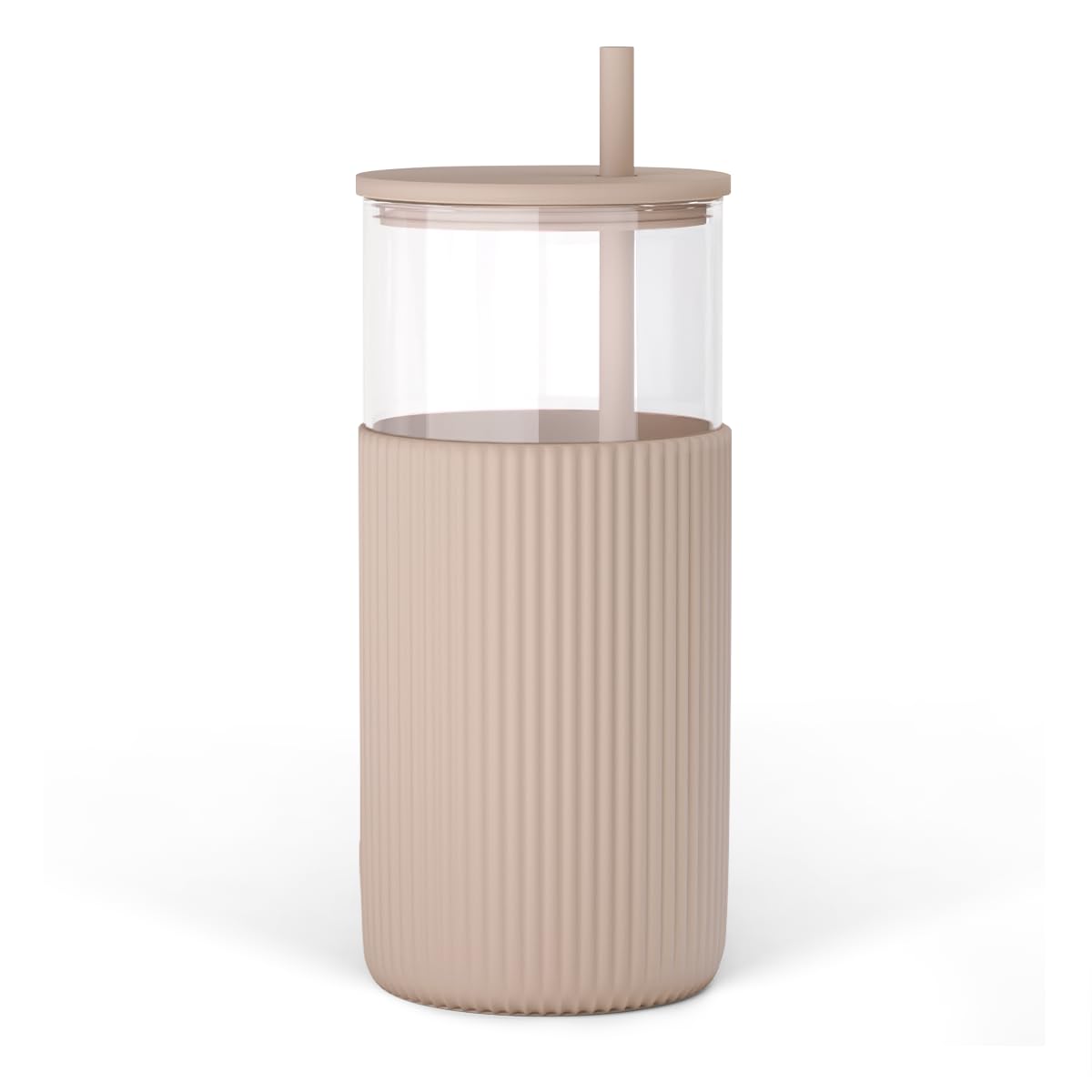 SANDJEST Glass Tumbler with Straw and Lid, Glass Water Bottle with Silicone Sleeve 20oz, Smoothie, Iced Coffee Cup, Gifts for Women Teen Girls Birthday Christmas (Light Brown)