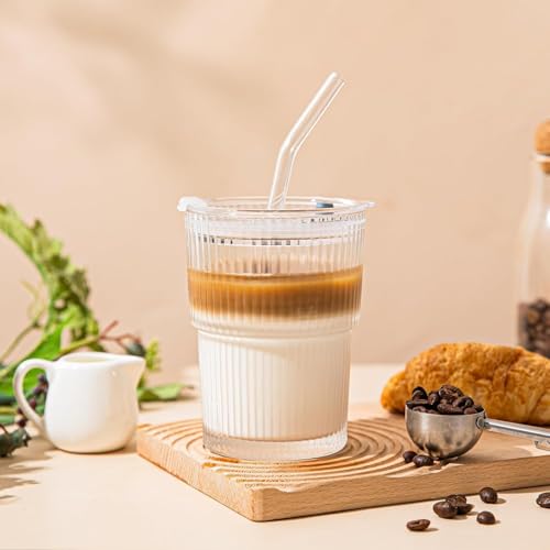 Image of Glass Mug with Bamboo Lid and Straw, 510ml, for Cold Drinks, Smoothies, Coffee(Pack of 1) (Ribbed Glass Mug)