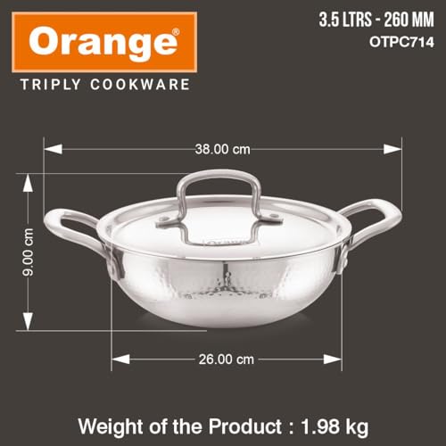 Image of Orange Triply Stainless Steel Hammered Deep Kadai with S.S Lid | Hammered Mathar Design | Heavy Bottom Cookware for Gas & Induction | Cool Touch Handles | 3.5 Ltr, 26cm |Made in India, 5-Year Warranty