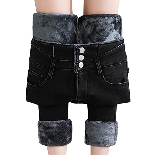 Pantalones Vaqueros con Forro de vellón para Mujer Pantalones de Mezclilla de Franela térmica Pantalones de Legging elásticos Ajustados Gruesos cálidos de Invierno con Bolsillo (P-Black, Large) Cover