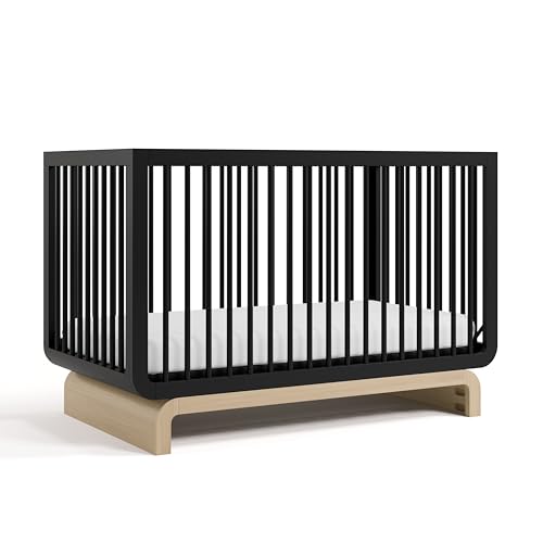 Image of Storkcraft Santorini Deluxe 5-in-1 Convertible Crib with Bonus Toddler Guardrail (Black with Driftwood) – GREENGUARD Gold Certified, Toddler Guardrail Included in Box, Fits Standard Crib Mattress