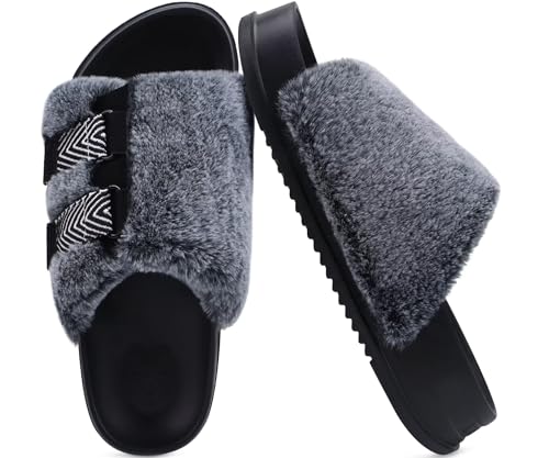 KuaiLu Womens Orthotic Sandals Comfortable Arch Support Faux Fur Sandal Slippers Casual Summer Adjustable Cushion Slides Slip On Indoor Outdoor House Shoes - Ultra-soft Comfort Fit Footbed2