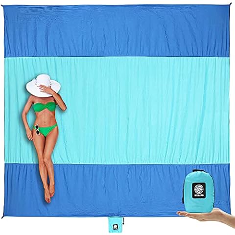 Wekapo Beach Blanket Sandproof, Extra Large Oversized 10'X 9' for 2-8 Adults, Big & Compact Sand Free Mat Quick Drying, Lightweight & Durable with 6 Stakes & 4 Corner Pockets Cover