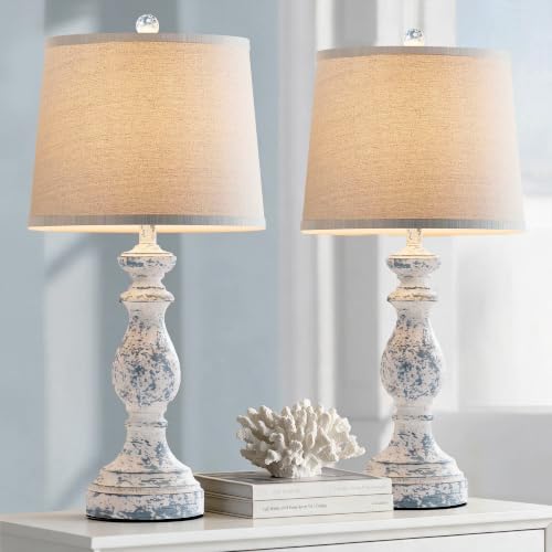 Image of PARTPHONER Traditional Table Lamp Set of 2, Rustic Farmhouse Table Lamps for Living Room Bedroom, 27 inch Bedside Desk Lamps Vintage Nightstand Lamps with Linen Shades, Washed Blue