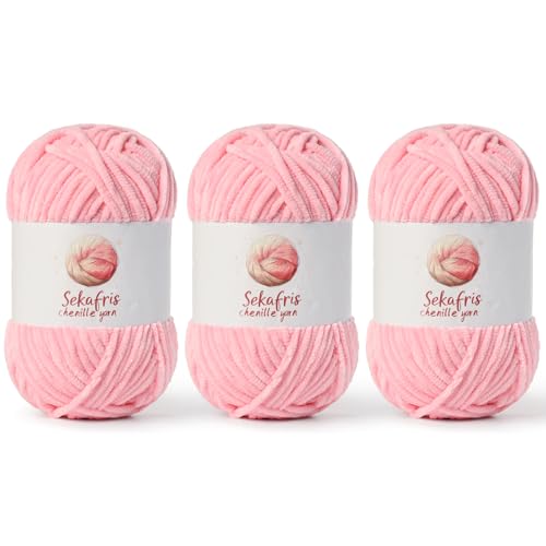 Image of Chenille Yarn for Crocheting, Size 5 Bulky,3 Pink