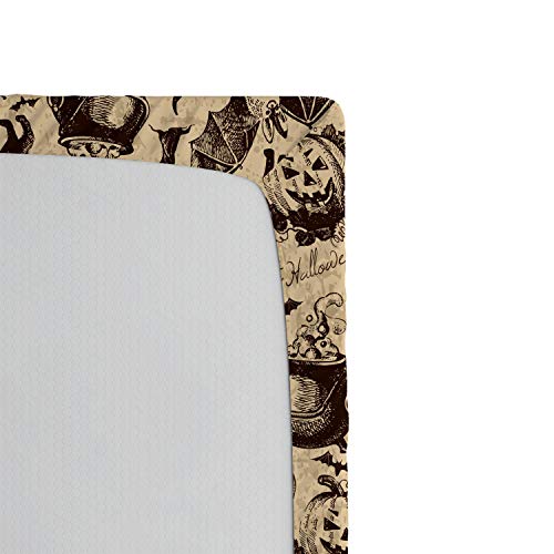 Lunarable Vintage Halloween Fitted Sheet, Halloween Witch Hat Cauldron Fall Jack O' Lantern Black Cat, Bed Cover With All-Round Elastic Deep Pocket For Comfort, King Size, Brown #TOP3