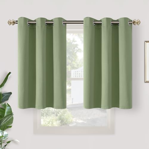 Image of YoungsTex Olive Green Blackout Kitchen Curtains 36 Inch Length - Short Thermal Insulated Drapes with Grommet Room Darkening Privacy for Cafe Bathroom Window, 2 Panels, 42 x 36 Inch