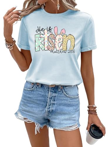 Easter Shirts for Women Jesus Shirt Christian Shirts He is Risen Graphic Tees (Blue,L)