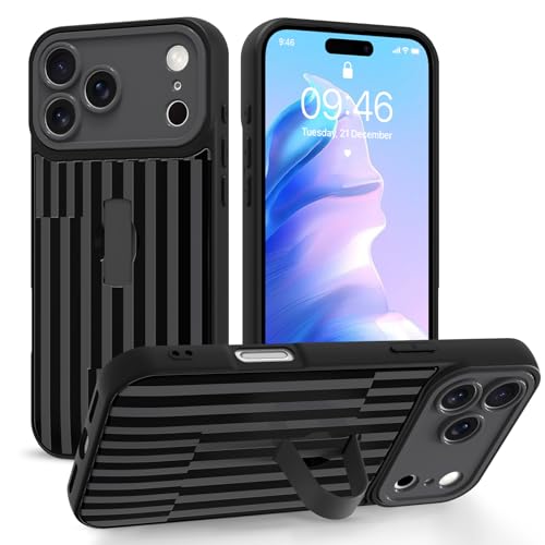 Jefonha Cute for iPhone 17 Pro Case with Strap Stand, Black Stripes