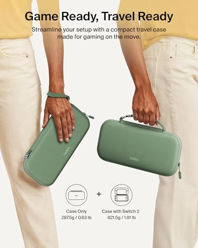Image of Belkin Nintendo Switch 2 Case, Travel Bag w /AirTag Holder & Storage Pocket for Up to 12 Game Cards - Portable, Lightweight Carrying Case w /Hard Shell, Soft Interior, Switch 2 Accessories - Sage